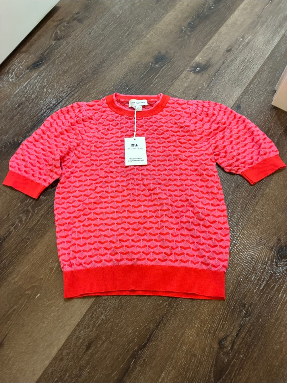Free Assembly Pink Crochet Puff Short Sleeve Sweater Top Small